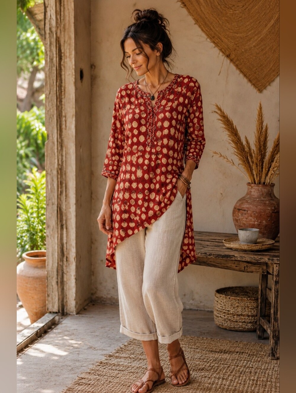 Anokhi Mussafar Linen Tunic NWT Polka Dot High Low Hem M